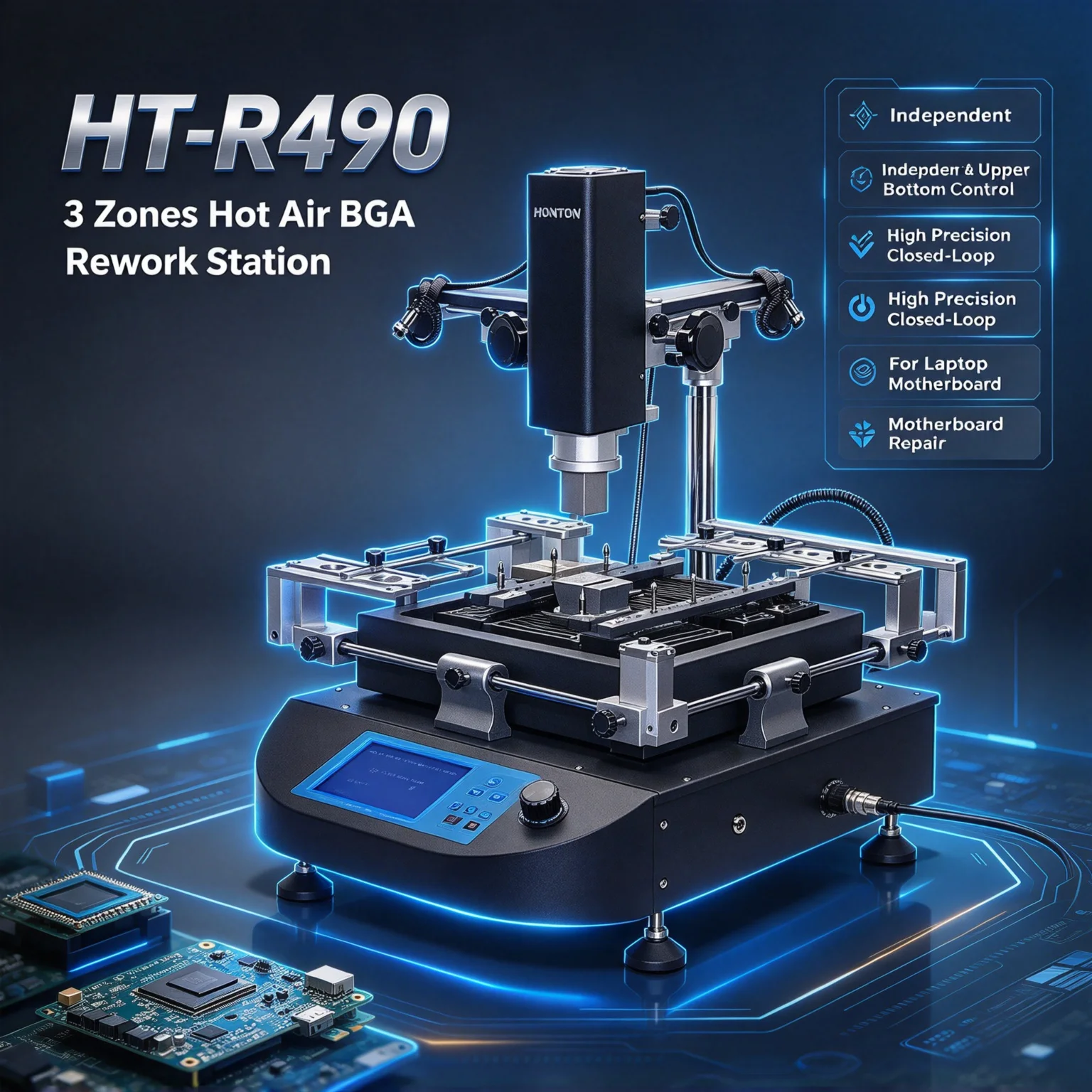 USA Warehouse HONTON HT-R490 3 Zones Hot Air BGA Rework Station, Touch Screen BGA Soldering Reballing Machine for Laptop Motherboard Chip Repair 110V