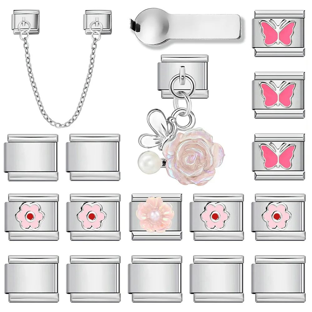 

9mm New Design Butterfly Flower Element Tool Combination Set Stainless Steel Italian Bracelet 18pcs Pack DIY Charm Jewelry Gifts