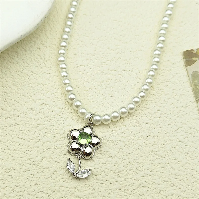 

New Blingling Flower Pendant Necklace For Women Girls Stainless Steel Silver Color Rhinestone Pearl Summer Chain Jewelry Gifts