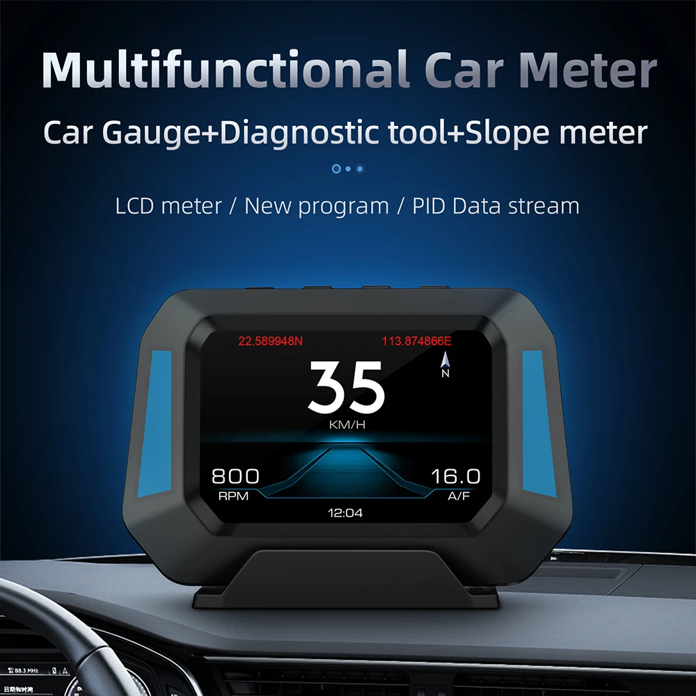 

New P21 Car Hud Digital Speedometer Gauge Smart Slope Meter OBD2+GPS Head Up Display 4x4 Inclinometer LCD Auto Security Alarm