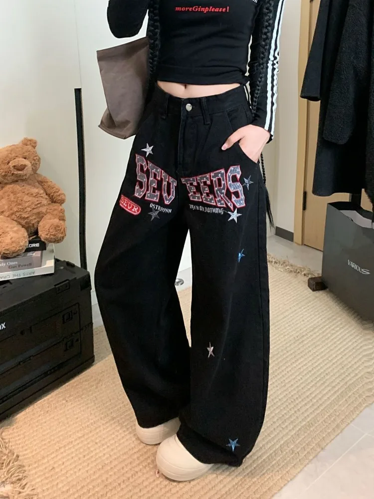 Women's Star Letter Pattern Black Sweatpants Cool Girl Trousers Summer Casual Bottom Female High Waisted Wide Leg Pants