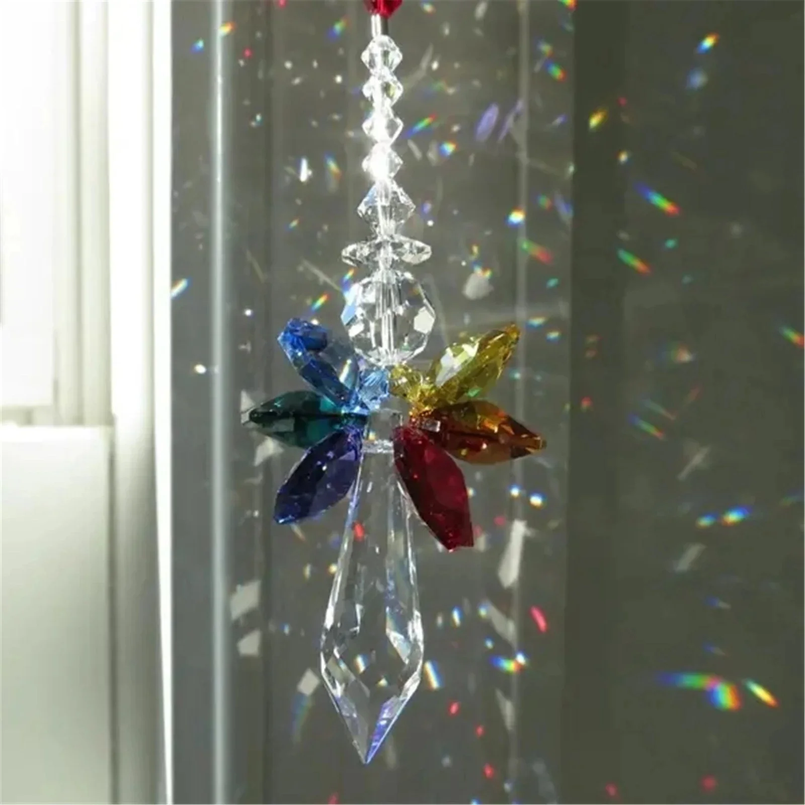 A44M Modern Rainbow Crystal Angel Chakra Suncatcher Car Charm Pendant for Auto Rear View Mirror Hanging Decor -Transparent