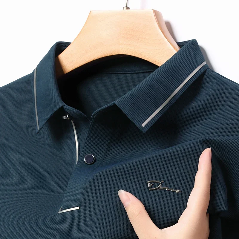 2025 Korean Fashion Ice Silk Long Sleeved POLO Lining Luxurious Exquisite Print Autumn Business Casual Men's Top T-shirt