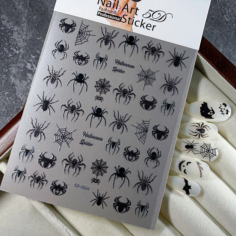 5D Embossed Halloween Black Spider Nail Stickers Scary Black Spider Web Nail Decals Self-Adhesive Spider Nail Art Supplies 8*10c