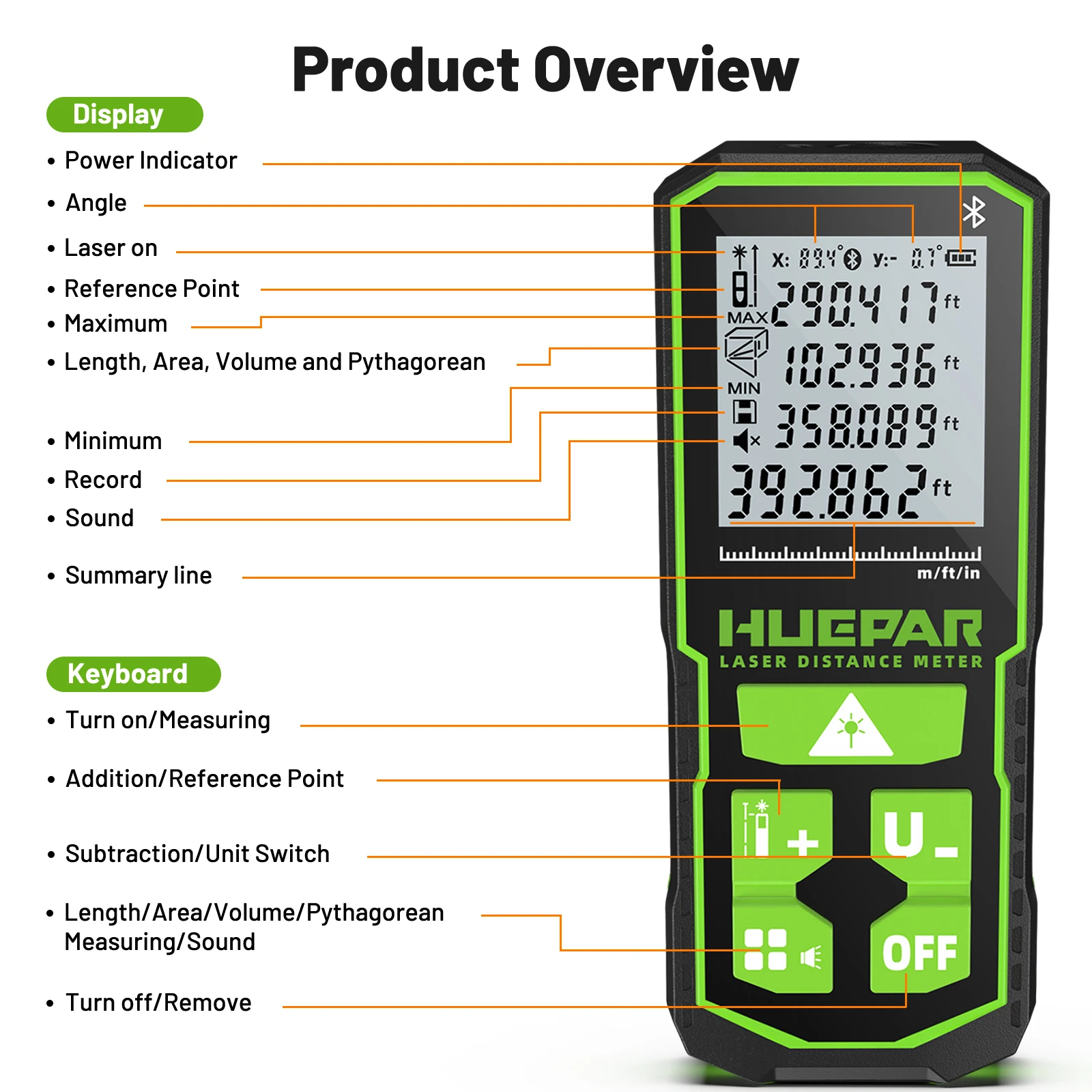 Huepar S100G-BT Bluetooth Laser-Entfernungsmesser Grüner Strahl 60M/100M/120M Digitaler Laser-Entfernungsmesser mit Winkelsensor – Detail 11
