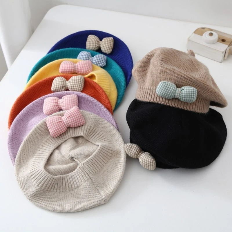 New Princess Baby Girls Beret Hat Spring Autumn Fashion Bowknot Knitted Woolen Children's Bonnet for 6M-4T Baby Cap Accessories