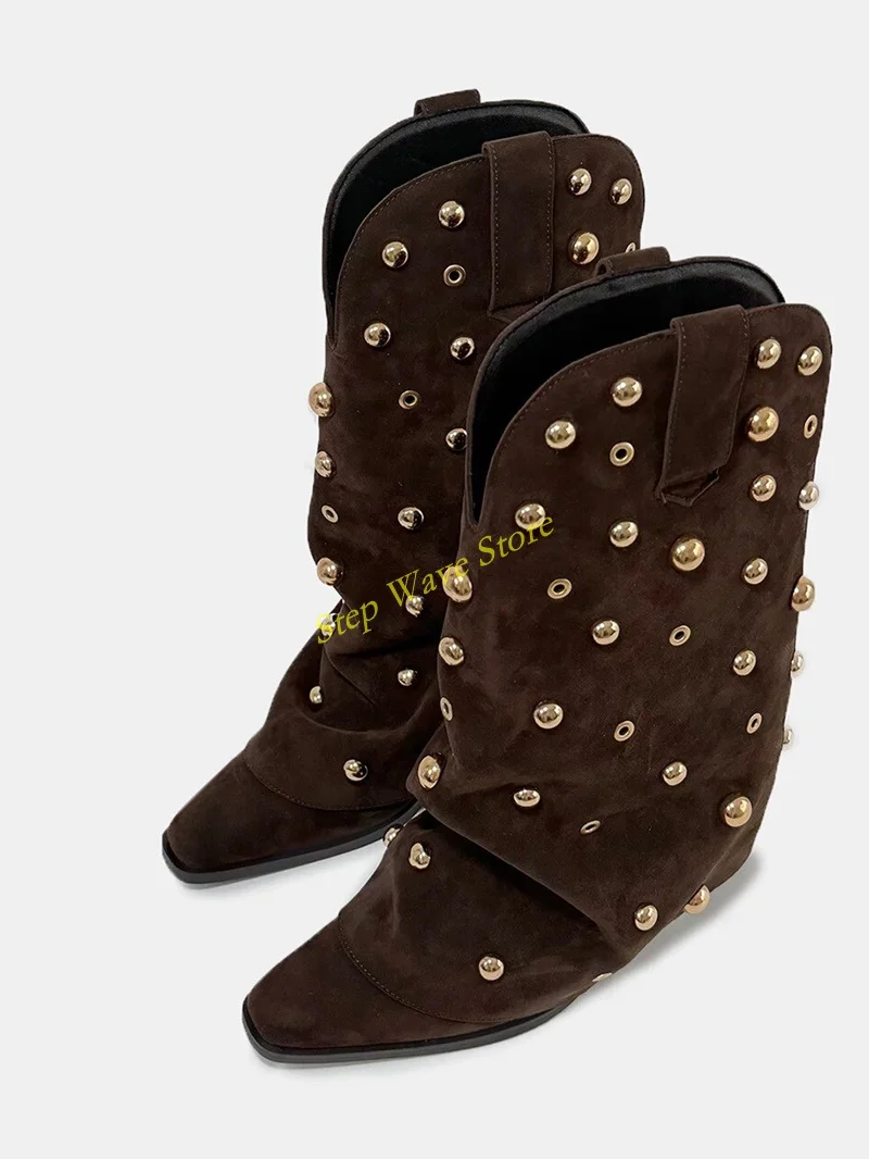 Rivet Punk Mid-calf Boots Sexy Pointy Toe Block High Heel Black Brown Slip On Fashion Women Winter Autumn Dress Shoes Handmade