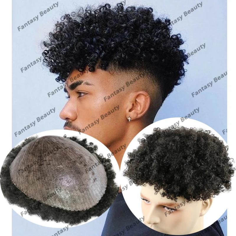 Jet Black Afo Black Man Toupee 100% Remy Human Hair System Prosthesis Durable Thin Skin Full PU Base Men Toupee 8mm Curly Style