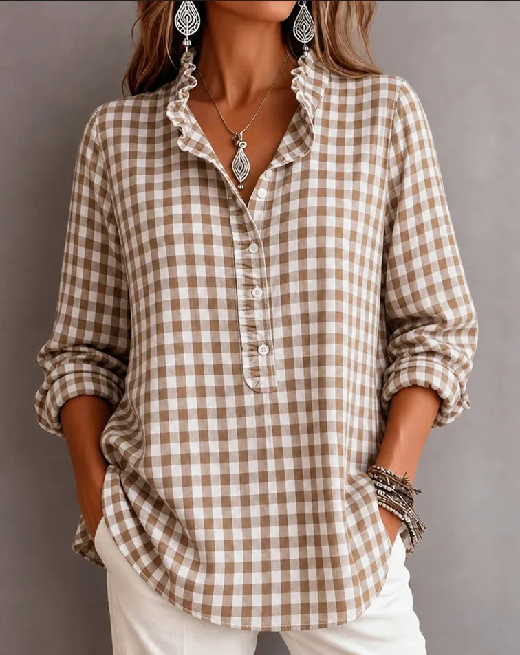 2026 Fall New Collection Women's Long Sleeve Loose Casual Checkered Shirt with Ruffled Collar and Button Front