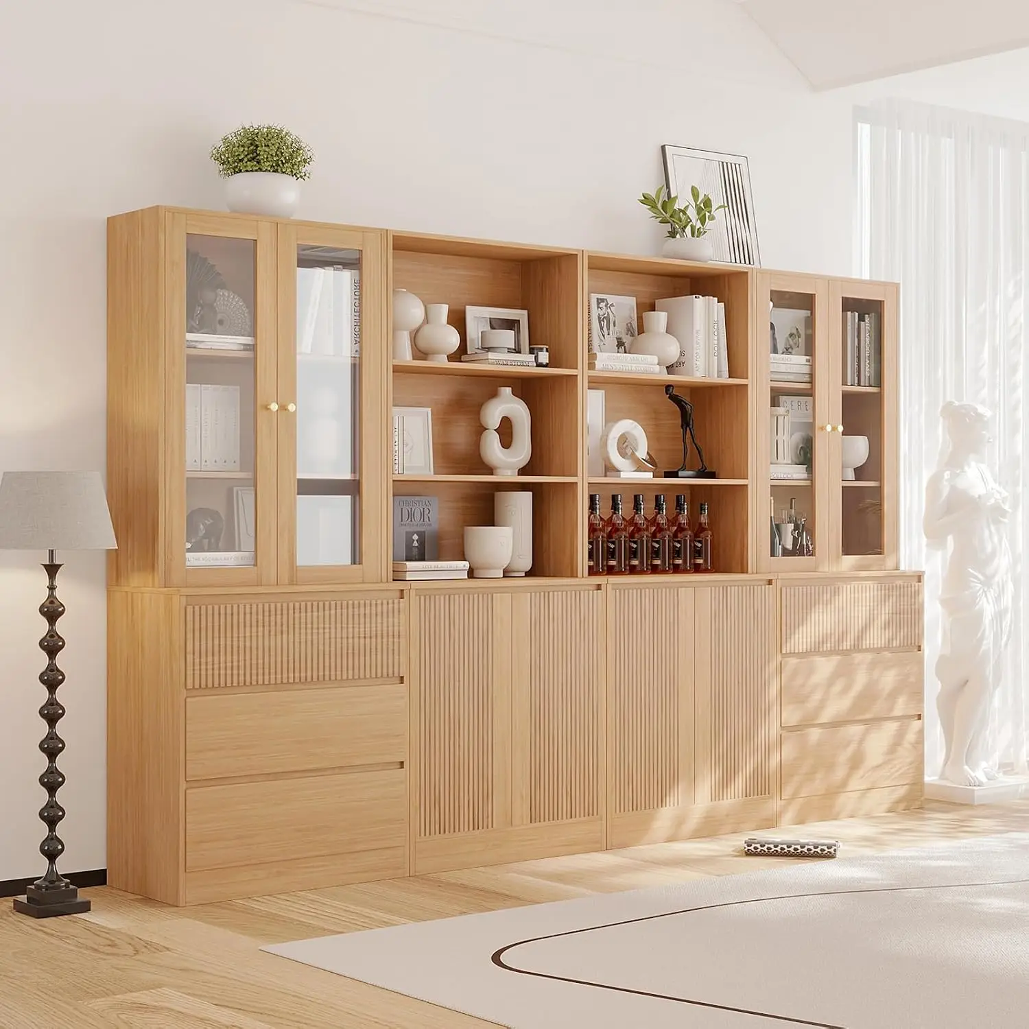 5-Tier Bookshelf & Display Cabinet With 3 Drawers, Tall Storage for Kitchen Living Room Office, 4PCS, Customized