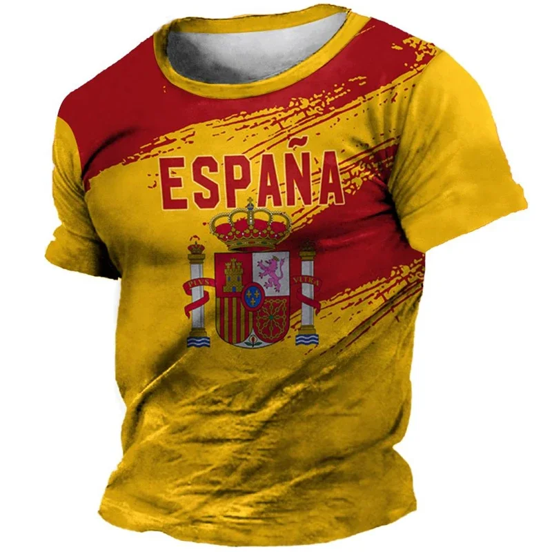 Retro Spain Flag 3D Printed T-shirt Men's Clothing Short Sleeve Crew Neck T Shirts Harajuku National