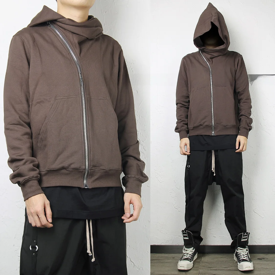 

Essential Dark Classic Slant Zipper Brown Grey Wizard Hat Sweatshirt Unisex High Street Casual Style Zipper Design Youth Trend