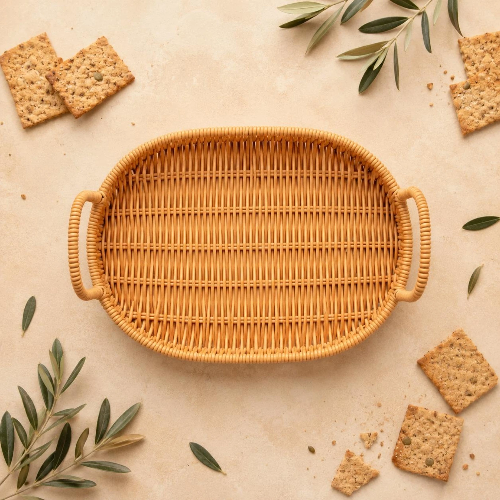 Rattan Tray Handle - ถาดเสิร์ฟแบบสาน หูหิ้วแบบวงกลม ถาดหวายทรงสี่เหลี่ยม ตะกร้าทรงตื้น มุมโค้งมน ของตกแต่งบ้าน