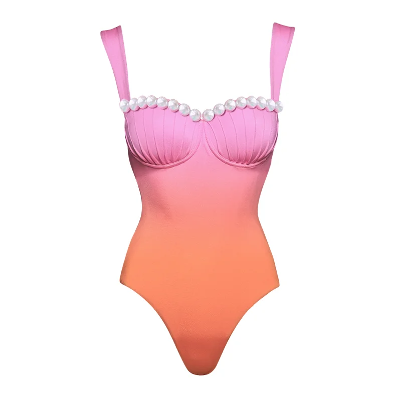2024 traje de baño de una pieza con bloques de color y cuello de perlas, ropa de playa para mujer, venta al por mayor de liquidación de lino
