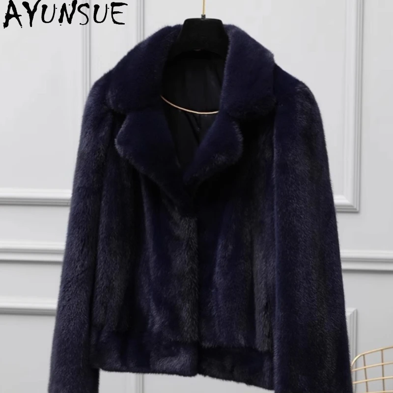 

AYUNSUE Natural Mink Fur Coats for Woman 2025 Blue Short Clothes Woman Winter Coats Office Wear Clothing for Woman Ropa Mujer