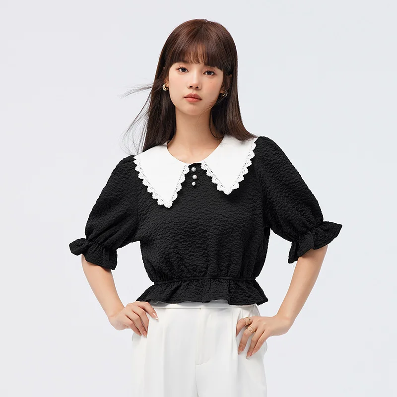 Semir Women Short-Sleeve Blouse Short Lace Collar Shirt Embodying Cute 2024 Summer New Arrival Floral Shirts Women