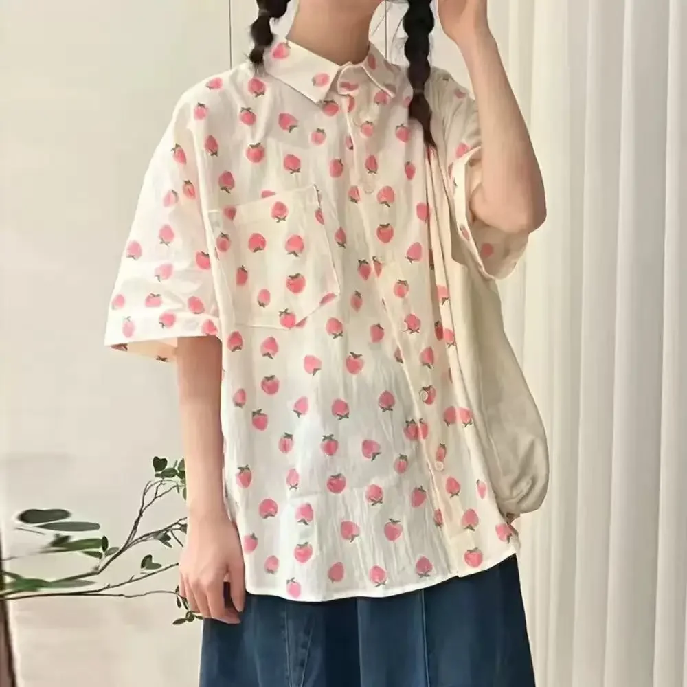 

Korean Cute Peach Full Printed Lolita Girls Short Sleeve Blouse Pockets Polo Neck Button Up Shirts Summer Harajuku Women Tops
