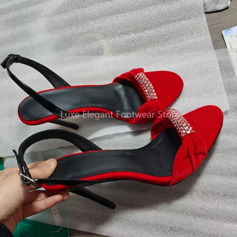 

Red Suede Diamond Studded Back Strap Sandals Women Peep Toe Buckle Strap Slingback Stiletto Pumps Elegant Fashion Party Shoes