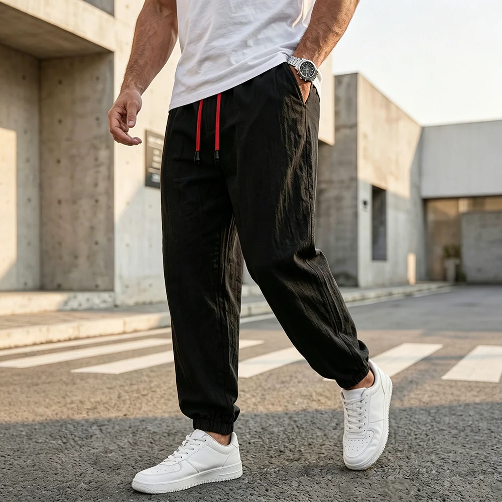 Herren Casual Haremshose, Locker Sitzend, Baumwolle-Leinen, Einfarbig, Bequem, Atmungsaktiv, Hip-Hop-Mode, Streetwear, Tägliche Kleidung für Männer