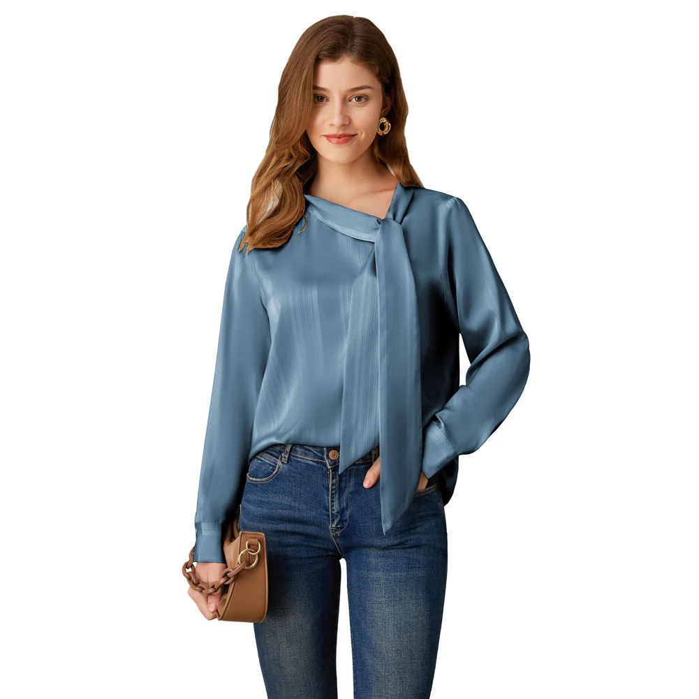 GK Women Loose Fit Blouse OL Long Sleeve Oblique Neck Pullover Tops