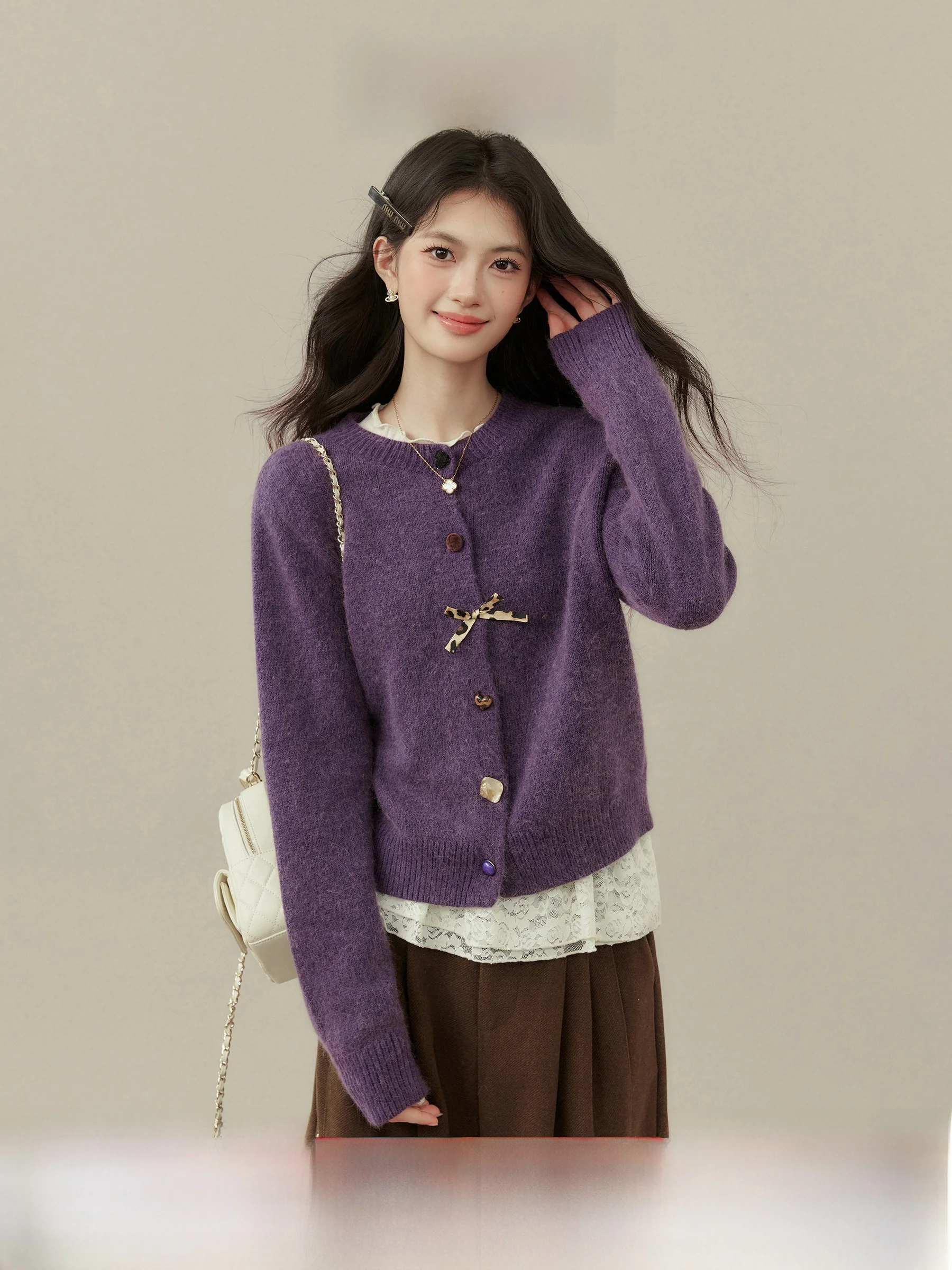 

Purple Knitted Open Cardigan Women's Autumn Winter Faion 2025 New Sle Sweater Jaet Casual Fit Long Sve Single Button