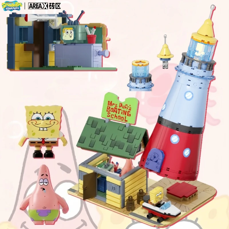 مكعبات بناء جديدة من AREAX SpongeBob SquarePants Chum Bucket Street Scene Mrs. مدرسة القوارب المنتفخة ‌   لعبة زينة نموذج البناء