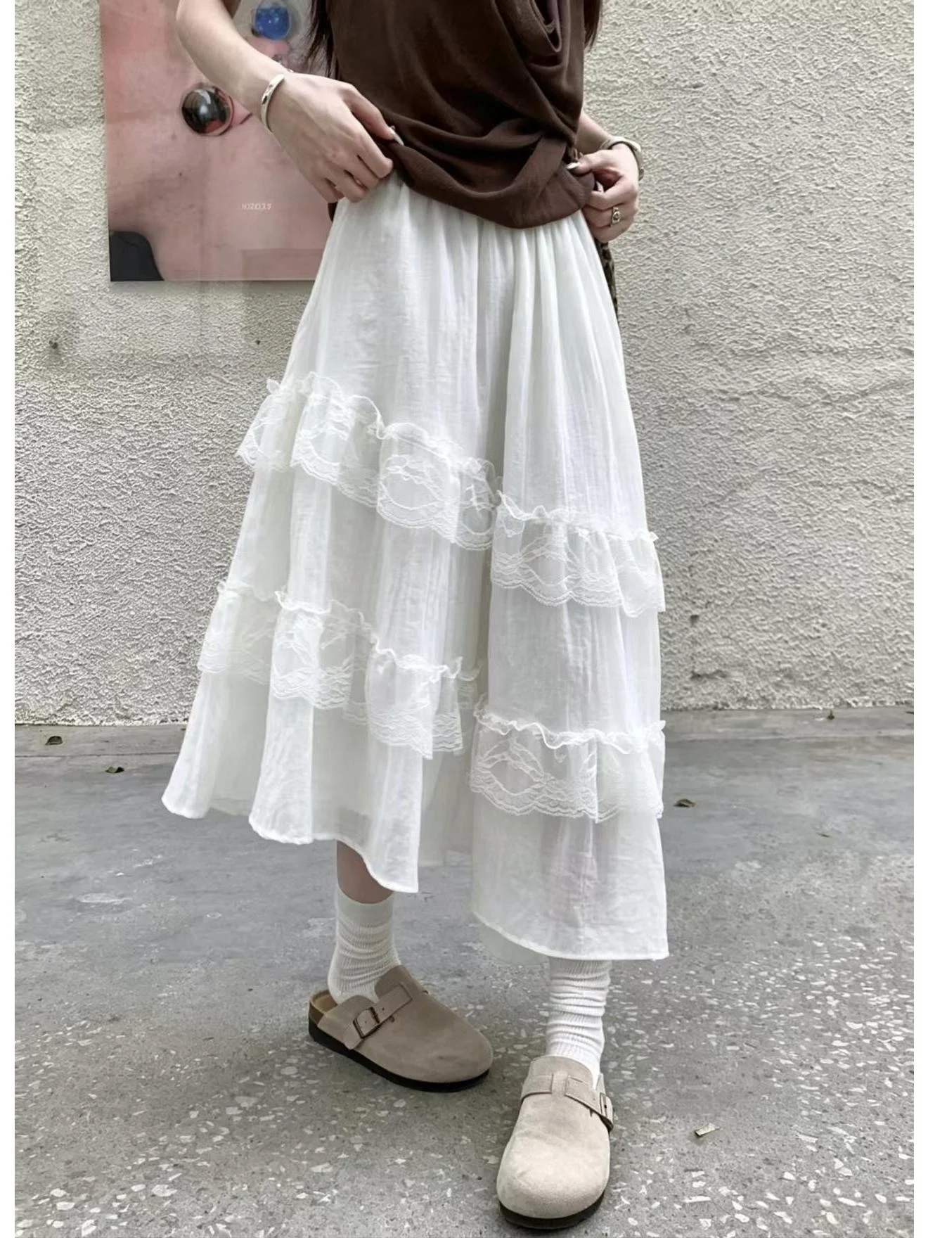 

High Waist Lace Splice Cake Skirt Women's Summer New Design Asymmetrical Midi Skirt Korean Style Embroidered Bridesmaid Dress