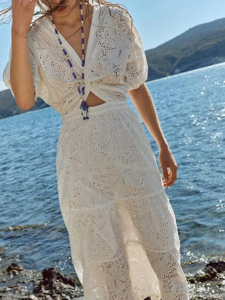 

European and American style summer new women's clothing fashionable design bow decoration hollow embroidery dress