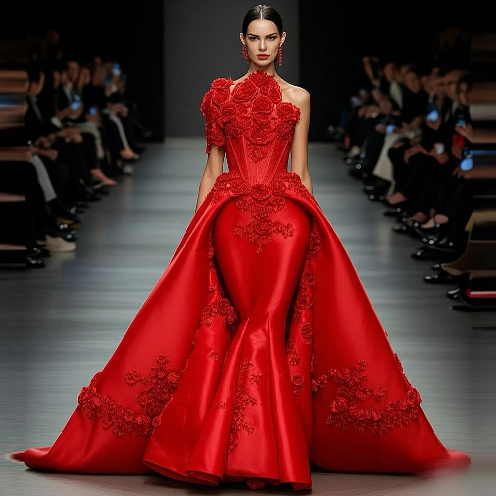 

Luxury 3D Flowers Satin Wedding Party Dress One Shoulder Floral Mermaid Celebrity Pageant Gowns Custom Made Taffeta Prom Gowns