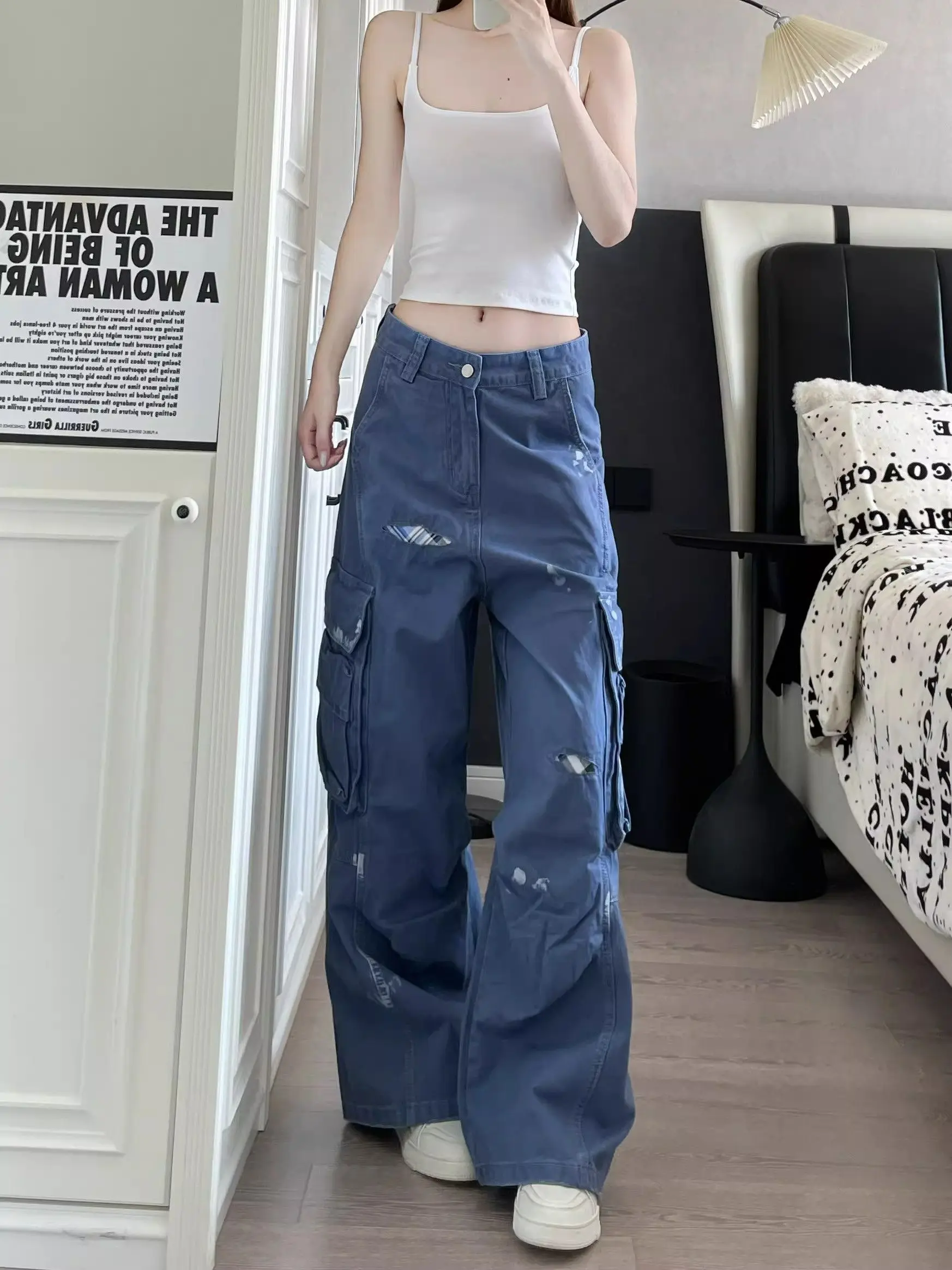 Y2K Checkered Pants Men Women Patchwork Embroidered Hand Painted Ink Splash American Style Casual Loose Wide Leg Floor Length