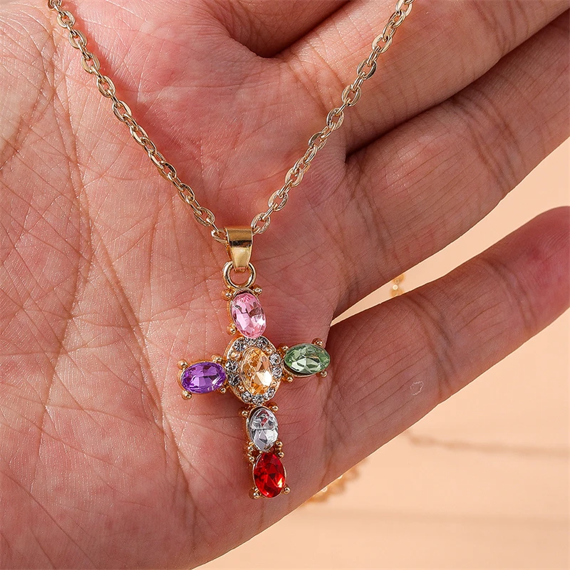 Mode Kristall Kreuz Anhänger Halskette für Frauen Mädchen Party Festival Schmuck Dekoration – Detail 2