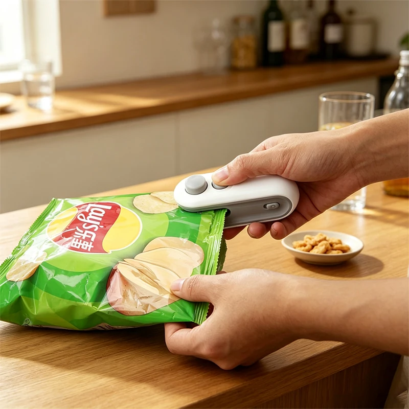Mini sealing machine, snack bag, one click sealing, portable sealing device, moisture-proof and fresh-keeping, no waste (one piece)