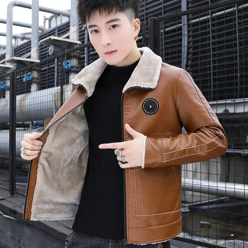 2023 New Men Winter Faux Clothing Thicken Warm Loose Casual Short Overcoat Turn-down Collar Large Size Pu Leather Jacket