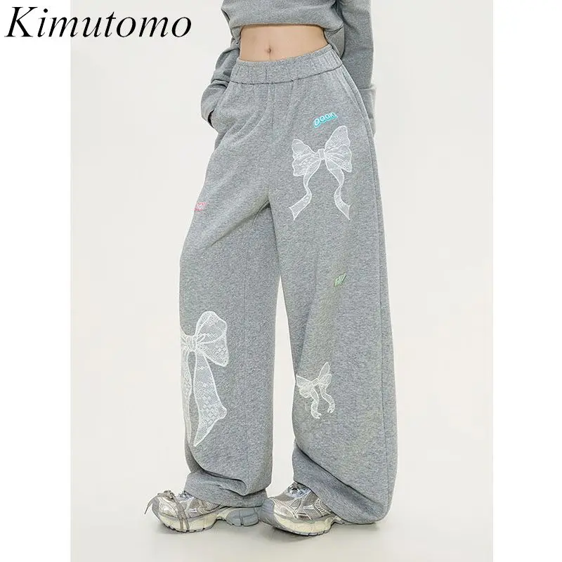 

Kimutomo женские брюки милые сексуальные кружевные лоскутные с бантом широкие брюки модные свободные джоггеры с вышивкой и высокой талией длинные брюки Y2k
