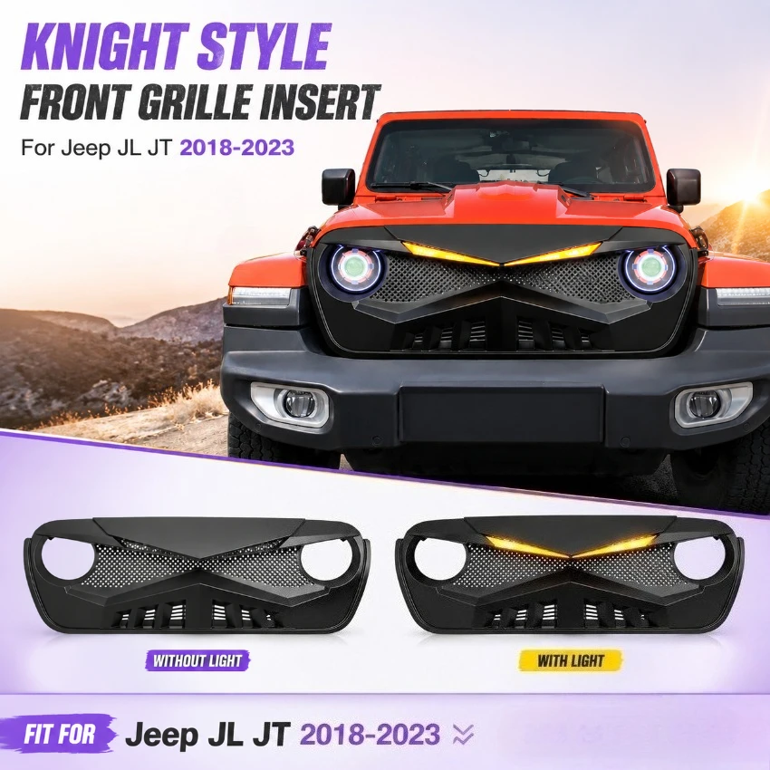 Car Front Bumper Grille Insert for Jeep JL JT 2018 2019 2020 2021 2022 2023 Knight Style Replacement Refit Exterior Accessories