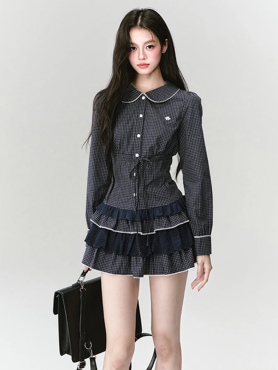 Fragile Heart Plaid Shirt Long Sleeve Set College Style Half Skirt Ensemble Women's Fashion Cotton Button up Dress Code