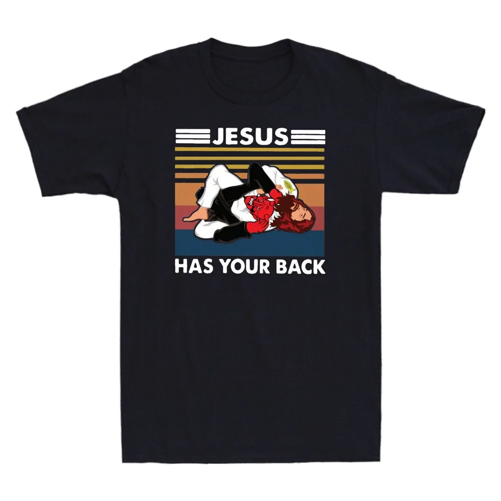 Jiu Jitsu Jesus Has Your Back Funny Christian Gift Vintage Men's T-Shirt Black Tops Summer Cotton Shirt Short Sleeve Streetwear