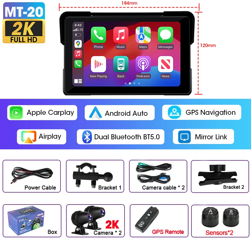 7 inch draagbare motorfietsnavigatie Ondersteuning 2K camera IPX7 waterdicht LCD-scherm voor draadloze CarPlay Android Auto