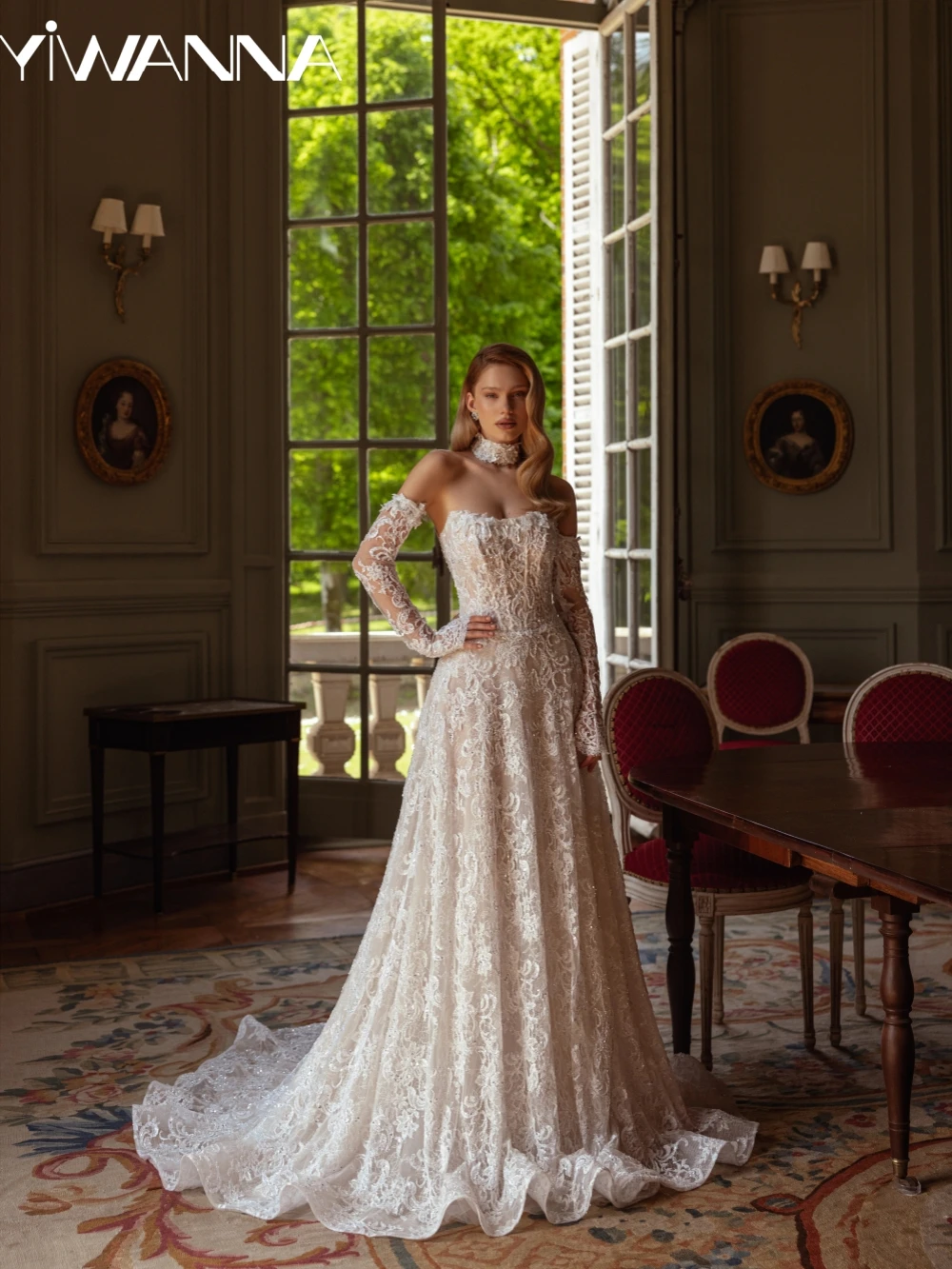

Detachable Sleeve Shiny Beaded Lace Wedding Dress Strapless A-line Long Bridal Gown New Customized Backless Dresses For Bride