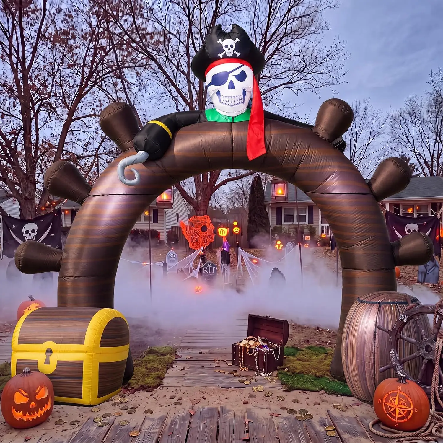 Halloween Pirate Ship Arch Inflatable Outdoor Decoration with LED Lights Spooky Entrance Yard Decor 9FT