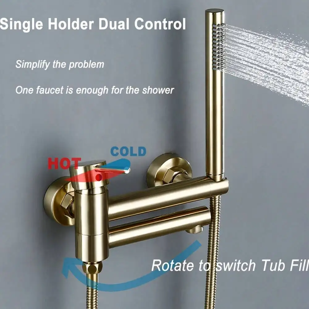 

Single Holder Dual Control Wall Mounted Brushed Gold Black Brass Hot And Cold Bathroom Bathtub Faucet Tub Shower Set