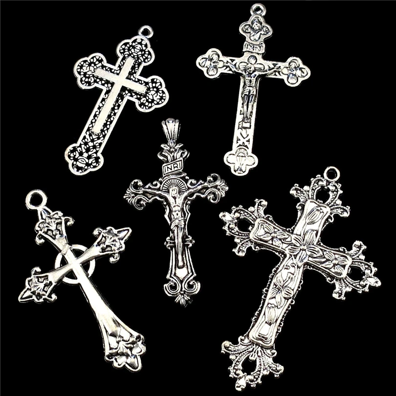 5PCS Mix Large Crosses Alloy Charm Antique Silver Color Pendant Accessories diy Jewelry Making Necklace Supplies cruz colgante