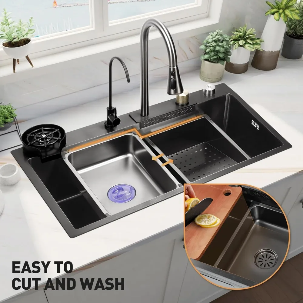 32''*18'' Waterfall Kitchen Sink, Drop In Kitchen Sink Single Bowl, 04 Stainless Steel Kitchen Sink Workstation with Pull-Out