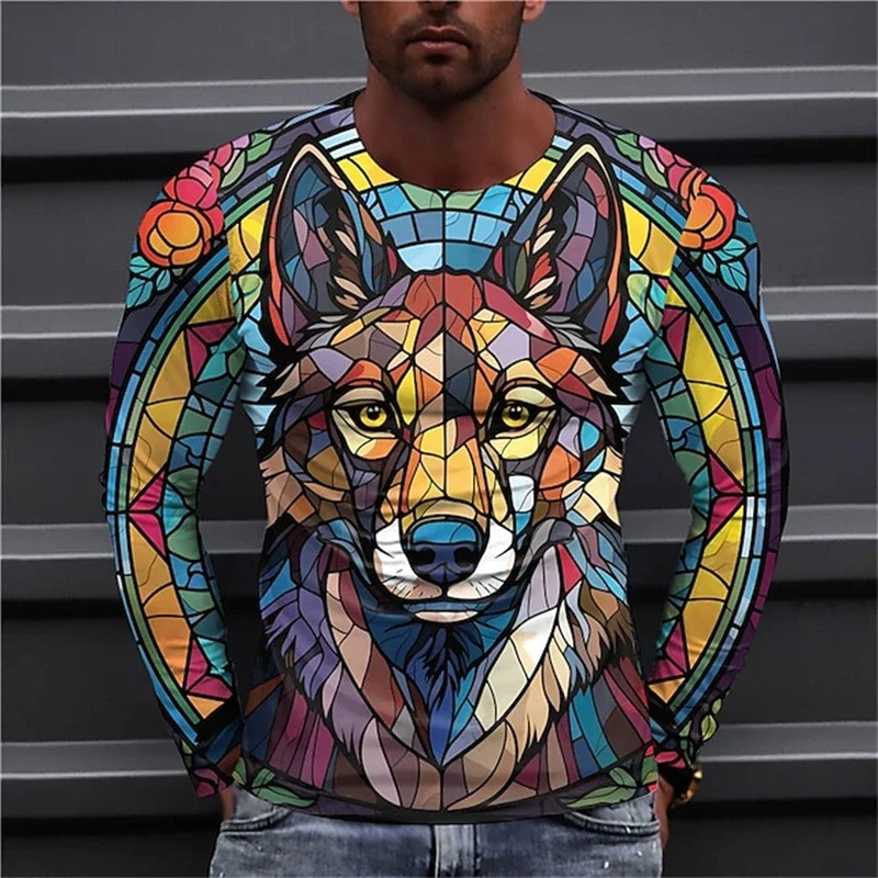 

3D Print Wolf Lion Graphic Men's Long Sleeve T-Shirt Colorful Animal Creative Pattern Round Neck Pullover Fashion Casual Clothes