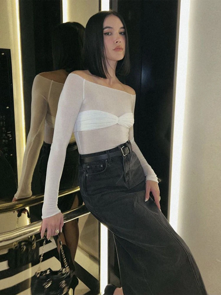Cryptographic Elegant Off Shoulder Ruched Knit Tops for Women Fashion Spring Summer Long Sleeve Club Party Solid T-Shirt Clothes