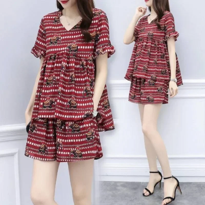 

Vintage Casual Suit Female Summer New Literature Short Sleeved Shorts Casual Comfortable Fashion Loose Printing Two Piece Set