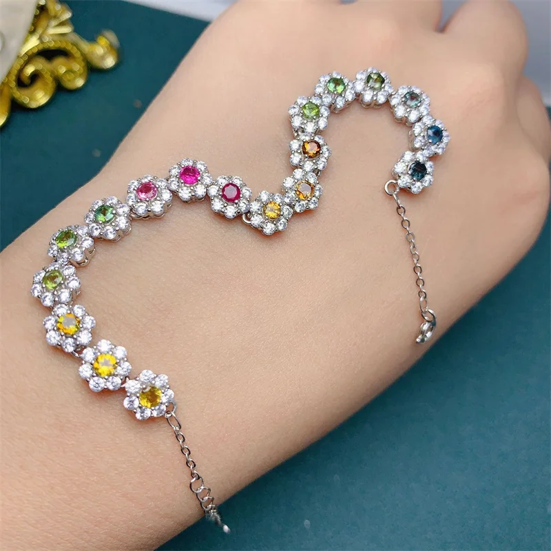 

Natural Colorful Tourmaline Bracelet S925 Pure Silver Elegant Fine Anniversary Birthday Gift 15+3cm with Certificate