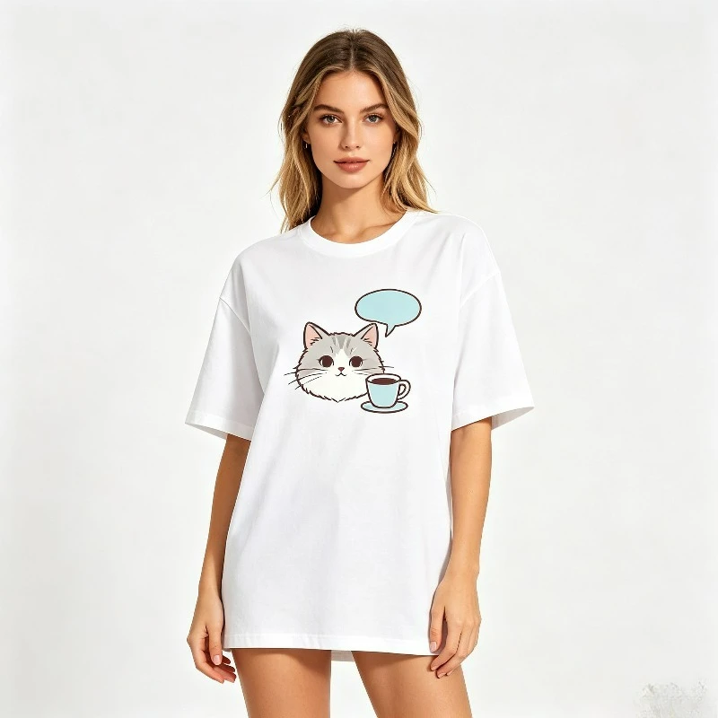 Funny Coffee Cat Meme Women T-Shirt, Cute Cat Speech Bubble Graphic Tee, Casual Top for  Daily Streetwear Black White Tops