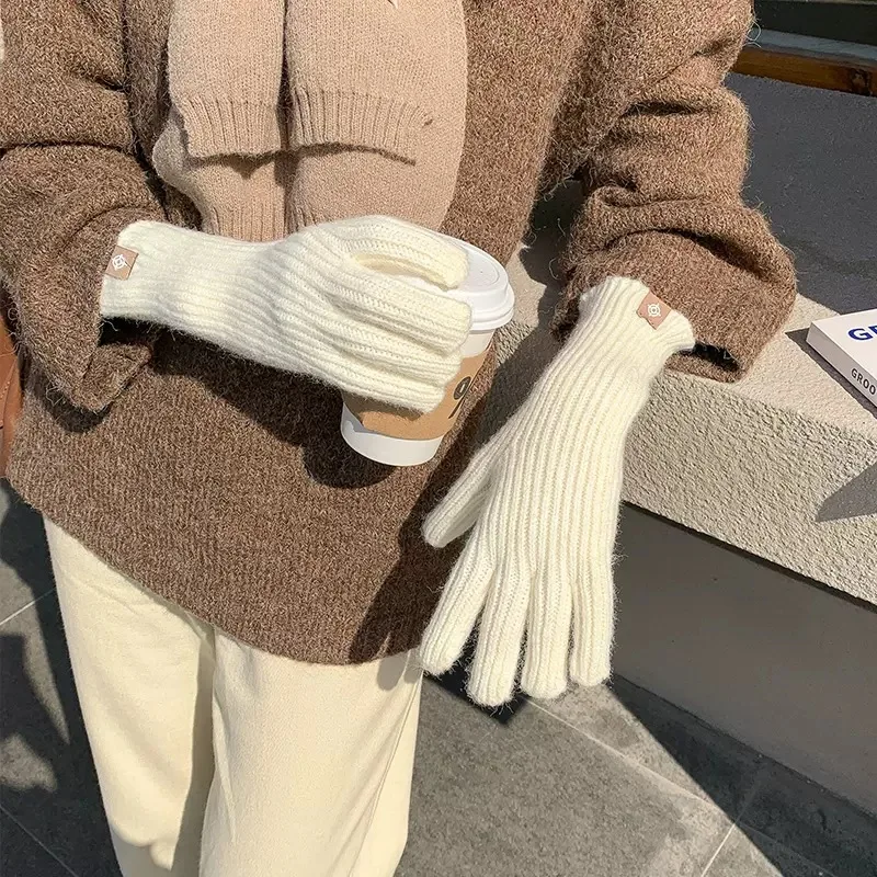 Guantes de punto de invierno para mujer, guantes cálidos de felpa suave para montar, guantes de Color sólido, guantes esponjosos con pantalla táctil