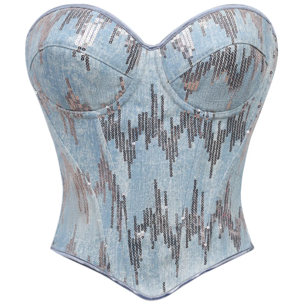Damen Jeansblau Pailletten-Korsett-Top, trägerlos, seitlicher Reißverschluss, Schnürung am Rücken, Taillenformer, Bustier